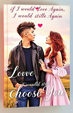 A romantic book cover featuring a couple in love; one person has a stylish boycut hairstyle and is wearing a trendy outfit, while the other has long flowing hair, elegantly styled, dressed in a beautiful dress