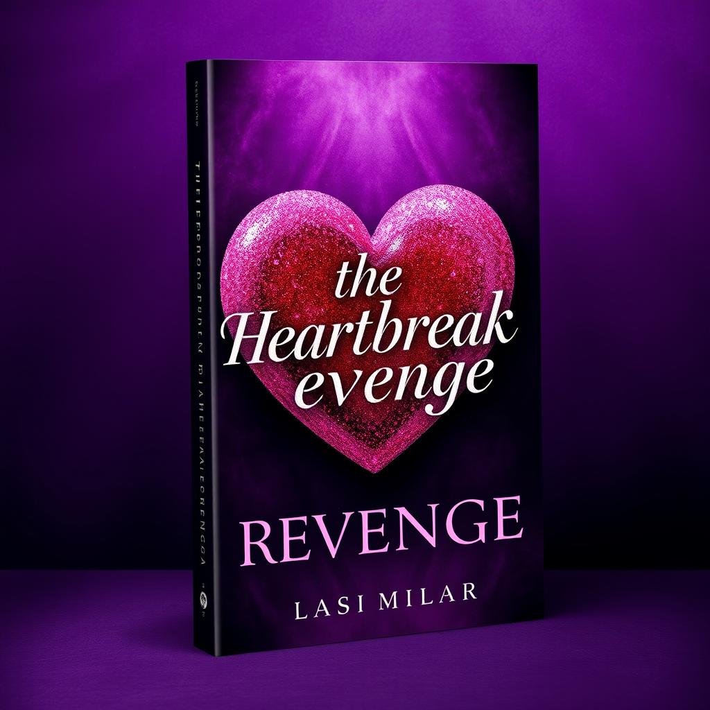 A stunning book cover design for 'The Heartbreak Revenge', featuring a large, glittering heart adorned with sparkling elements, set against a richly textured background of deep purple shadows