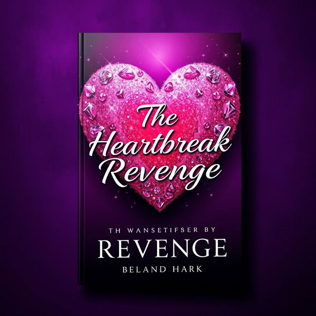 A stunning book cover design for 'The Heartbreak Revenge', featuring a large, glittering heart adorned with sparkling elements, set against a richly textured background of deep purple shadows