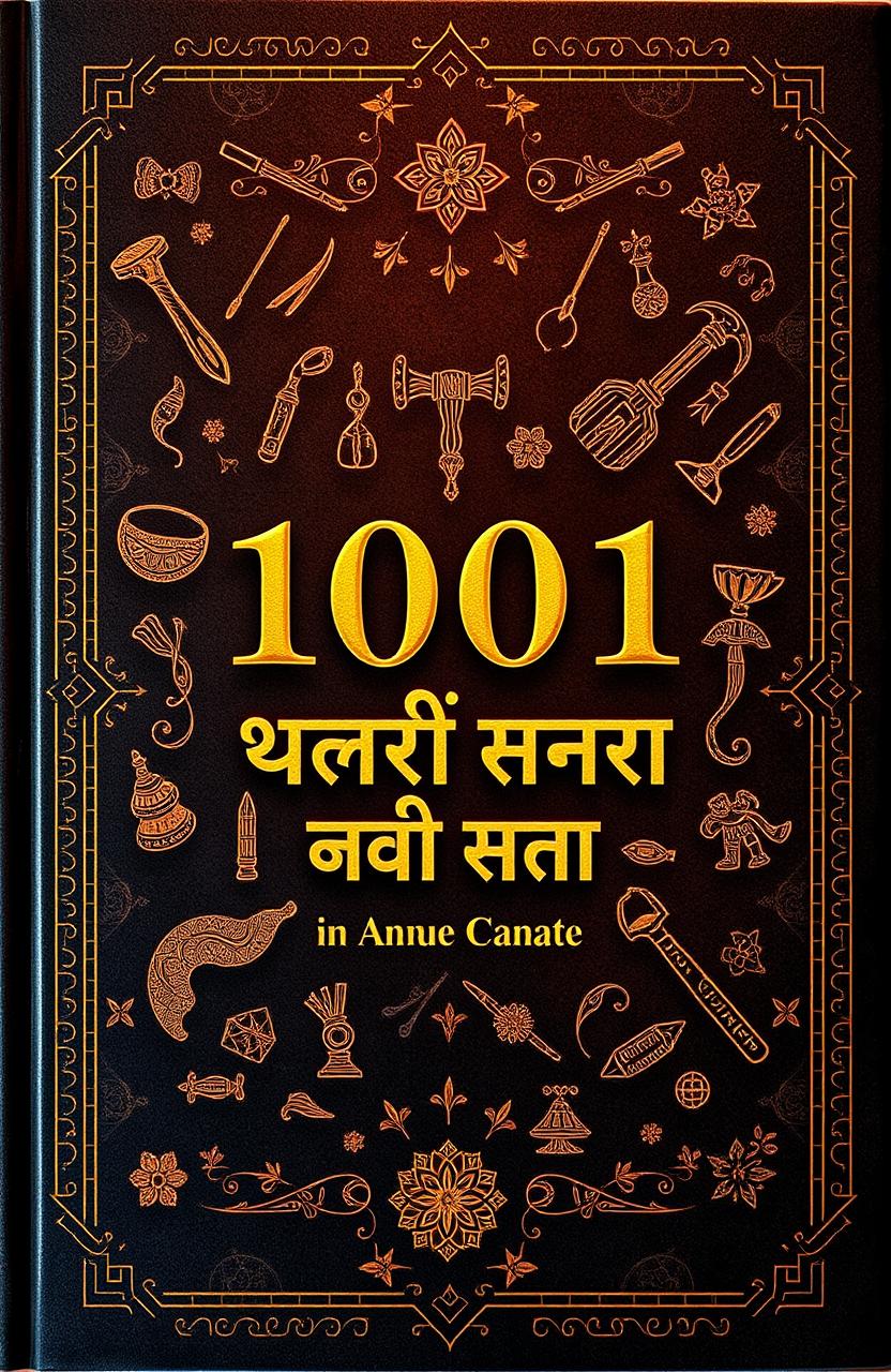 A captivating book cover design for "1001 കെ പി ടൂൾസ് കഥകൾ" featuring a rich, textured background with traditional Indian motifs