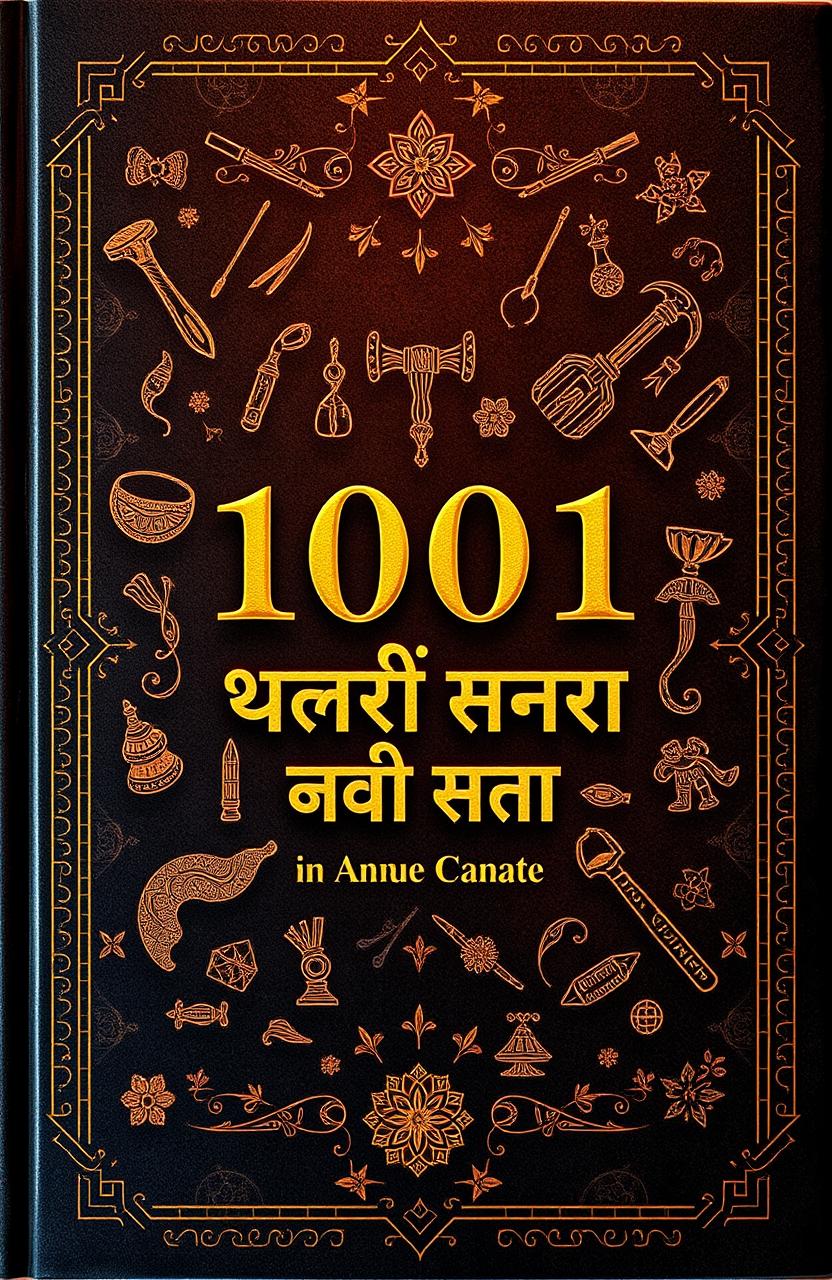 A captivating book cover design for "1001 കെ പി ടൂൾസ് കഥകൾ" featuring a rich, textured background with traditional Indian motifs