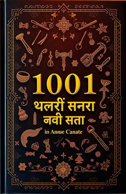 A captivating book cover design for "1001 കെ പി ടൂൾസ് കഥകൾ" featuring a rich, textured background with traditional Indian motifs