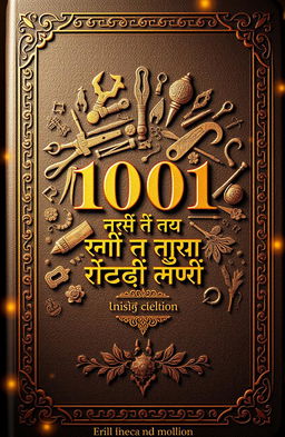 A captivating book cover design for "1001 കെ പി ടൂൾസ് കഥകൾ" featuring a rich, textured background with traditional Indian motifs