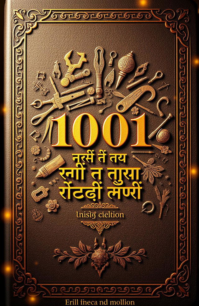 A captivating book cover design for "1001 കെ പി ടൂൾസ് കഥകൾ" featuring a rich, textured background with traditional Indian motifs