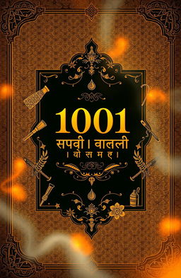 A captivating book cover design for "1001 കെ പി ടൂൾസ് കഥകൾ" featuring a rich, textured background with traditional Indian motifs