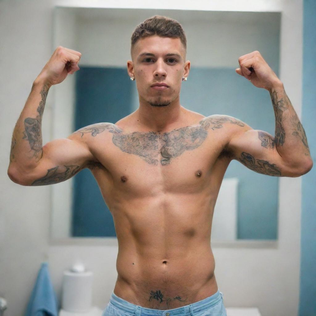 Young man with tattoos flexing his toned muscles in front of a bathroom mirror. The image has dominant shades of white and blue, with a focus on his skin tone. He's shirtless, wearing shorts with a visible number.