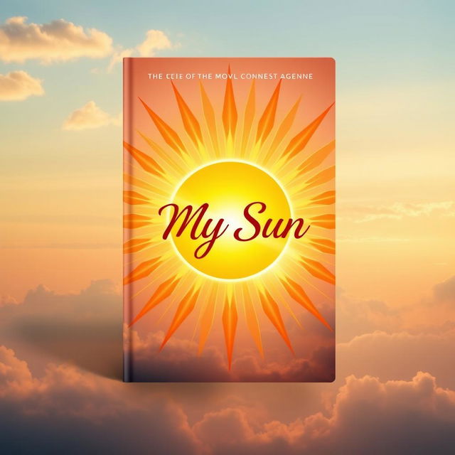 A captivating book cover design for a novel titled 'My Sun', featuring a radiant sun symbol as the focal point, emanating brilliant rays of light in warm hues of orange, yellow, and gold