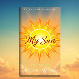 A captivating book cover design for a novel titled 'My Sun', featuring a radiant sun symbol as the focal point, emanating brilliant rays of light in warm hues of orange, yellow, and gold