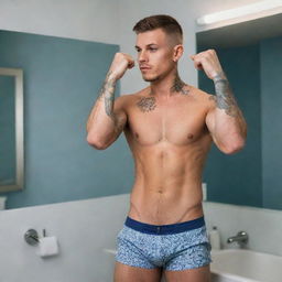 Young man with tattoos flexing his toned muscles in front of a bathroom mirror. The image has dominant shades of white and blue, with a focus on his skin tone. He's shirtless, wearing shorts with a visible number.