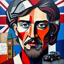 A stunning cubist portrait that creatively interprets the essence of England through bold geometric shapes and fragmented forms