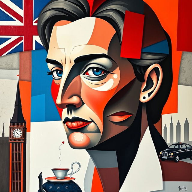 A stunning cubist portrait that creatively interprets the essence of England through bold geometric shapes and fragmented forms