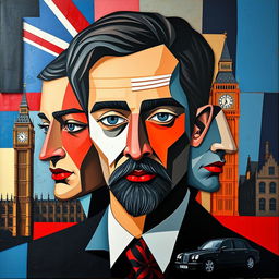 A stunning cubist portrait that creatively interprets the essence of England through bold geometric shapes and fragmented forms