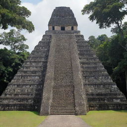 The Great Jaguar Pyramid in Tikal, Guatemala, transforming its shape into a xenomorph or alien figure.