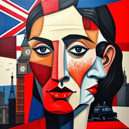 A stunning cubist portrait that creatively interprets the essence of England through bold geometric shapes and fragmented forms