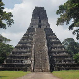 The Great Jaguar Pyramid in Tikal, Guatemala, transforming its shape into a xenomorph or alien figure.