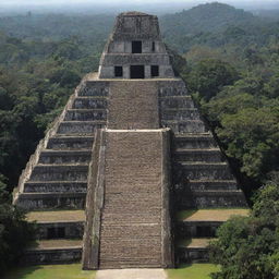 The Great Jaguar Pyramid in Tikal, Guatemala, transforming its shape into a xenomorph or alien figure.