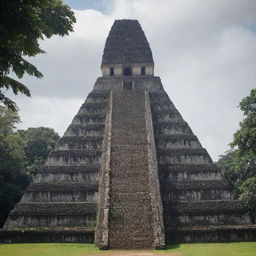 The Great Jaguar Pyramid in Tikal, Guatemala, transforming its shape into a xenomorph or alien figure.