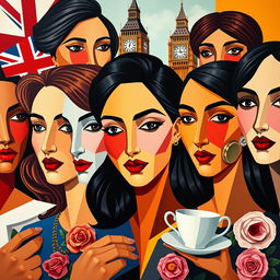 A captivating cubist portrait of women that intertwines the essence of England through geometric shapes and fragmented forms