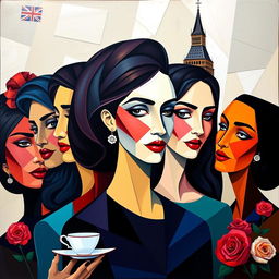 A captivating cubist portrait of women that intertwines the essence of England through geometric shapes and fragmented forms
