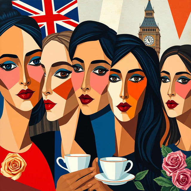 A captivating cubist portrait of women that intertwines the essence of England through geometric shapes and fragmented forms