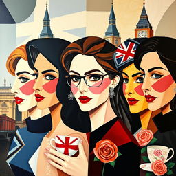 A captivating cubist portrait of women that intertwines the essence of England through geometric shapes and fragmented forms