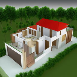 Design a 3D model of a home with room layout for a plot of 26.8 feet width and 49 feet length. Should include exterior and interior architecture.