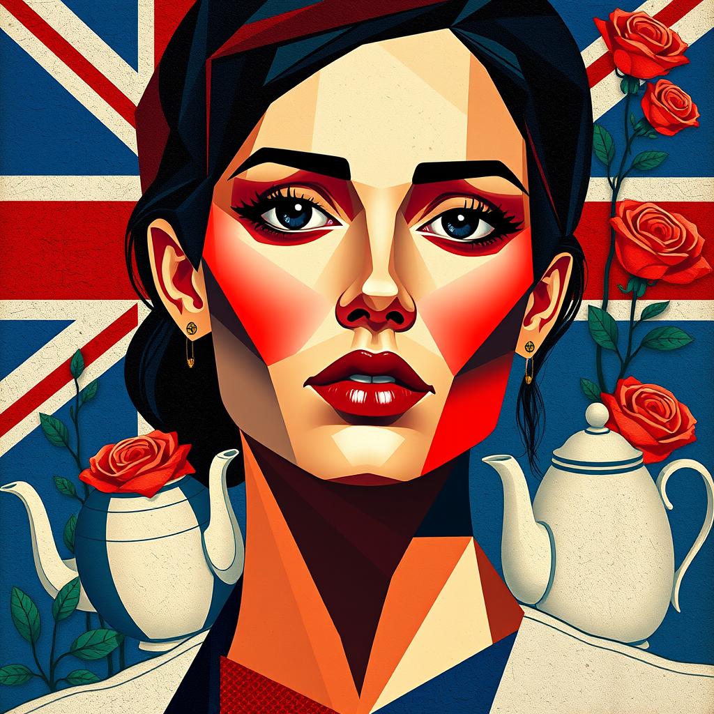 A vibrant cubist portrait of a woman that embodies the spirit of England, featuring a blend of geometric shapes and angular designs