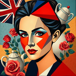 A vibrant cubist portrait of a woman that embodies the spirit of England, featuring a blend of geometric shapes and angular designs
