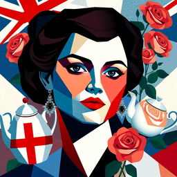A vibrant cubist portrait of a woman that embodies the spirit of England, featuring a blend of geometric shapes and angular designs