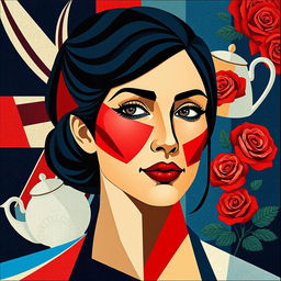 A vibrant cubist portrait of a woman that embodies the spirit of England, featuring a blend of geometric shapes and angular designs