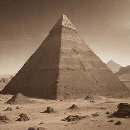 An alien pyramid with elements from the 'Alien' movie series, set in a sepia-toned mountainous desert environment of another world.
