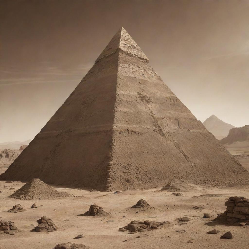 An alien pyramid with elements from the 'Alien' movie series, set in a sepia-toned mountainous desert environment of another world.