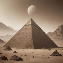 An alien pyramid with elements from the 'Alien' movie series, set in a sepia-toned mountainous desert environment of another world.