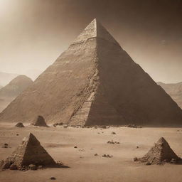 An alien pyramid with elements from the 'Alien' movie series, set in a sepia-toned mountainous desert environment of another world.