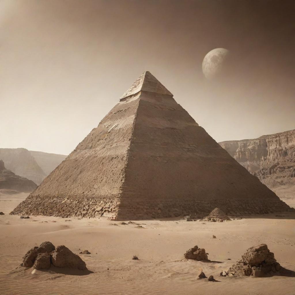 An alien pyramid with elements from the 'Alien' movie series, set in a sepia-toned mountainous desert environment of another world.