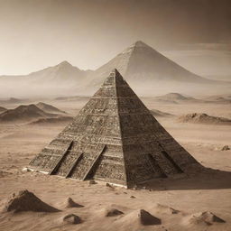 An alien pyramid covered in electronic circuit details standing in a sepia-toned alien desert landscape with towering mountains.