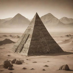 An alien pyramid covered in electronic circuit details standing in a sepia-toned alien desert landscape with towering mountains.