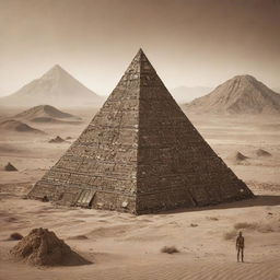 An alien pyramid covered in electronic circuit details standing in a sepia-toned alien desert landscape with towering mountains.