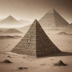 An alien pyramid covered in electronic circuit details standing in a sepia-toned alien desert landscape with towering mountains.