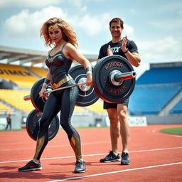 In a vibrant Track and Field Stadium, Wonder Woman, portrayed as a blonde with curly hair, is engaged in a powerlifting workout alongside Tom Cruise's character from Top Gun