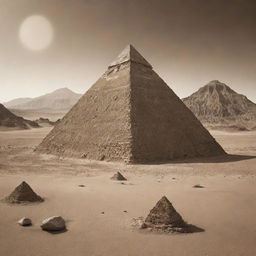 An Alien pyramid covered with biological elements on its surface, placed in a sepia-toned desert landscape of another world with high mountains.