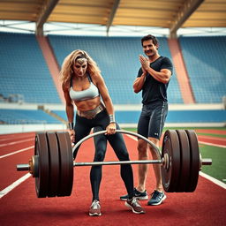 In a vibrant Track and Field Stadium, Wonder Woman, portrayed as a blonde with curly hair, is engaged in a powerlifting workout alongside Tom Cruise's character from Top Gun