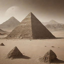 An Alien pyramid covered with biological elements on its surface, placed in a sepia-toned desert landscape of another world with high mountains.