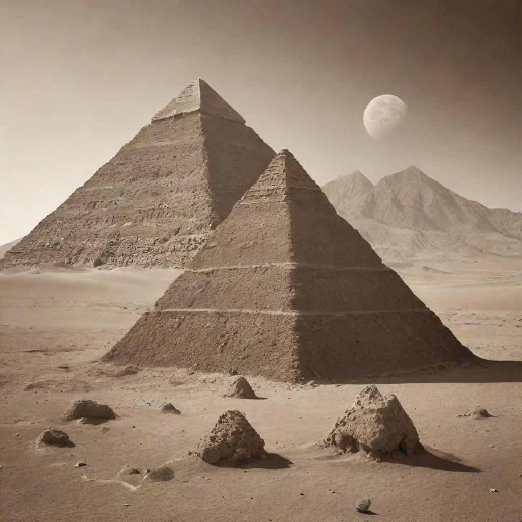 An Alien pyramid covered with biological elements on its surface, placed in a sepia-toned desert landscape of another world with high mountains.