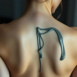 A close-up of a beautiful woman's bare back, smooth and slightly glistening, with grey sticky cream applied in an artistic pattern, creating an intriguing visual contrast against her skin