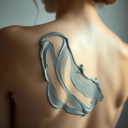A close-up of a beautiful woman's bare back, smooth and slightly glistening, with grey sticky cream applied in an artistic pattern, creating an intriguing visual contrast against her skin