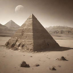 An Alien pyramid covered with biological elements on its surface, placed in a sepia-toned desert landscape of another world with high mountains.