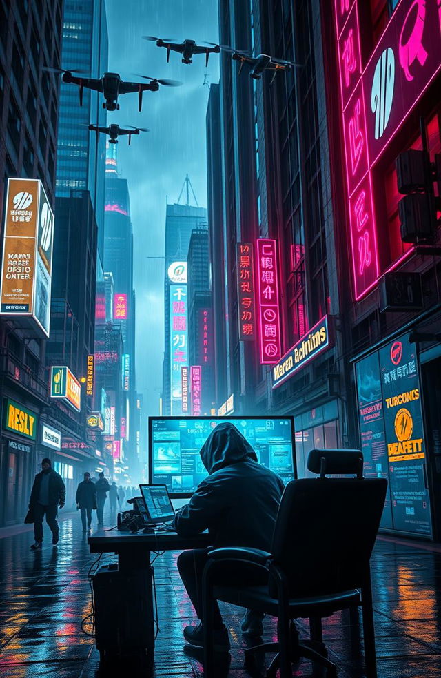 A futuristic cityscape heavily influenced by cyberpunk aesthetics, showcasing neon lights, towering skyscrapers, and dark alleyways