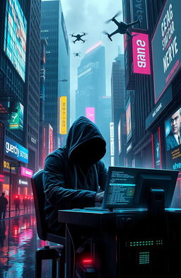 A futuristic cityscape heavily influenced by cyberpunk aesthetics, showcasing neon lights, towering skyscrapers, and dark alleyways