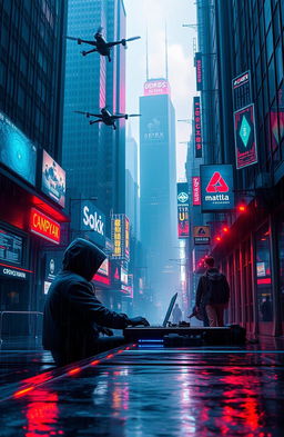 A futuristic cityscape heavily influenced by cyberpunk aesthetics, showcasing neon lights, towering skyscrapers, and dark alleyways